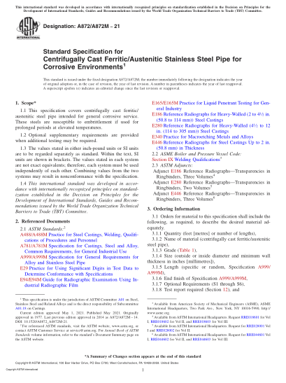 ASTM A872/A872M-2021Standard Specification for Centrifugally Cast Ferritic/Austenitic Stainless Steel Pipe for Corrosive Environments