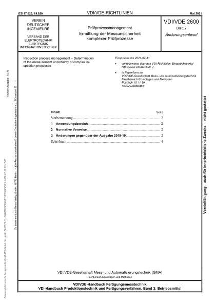 VDI/VDE 2600 Blatt 2-2021Inspection process management - Determination of the measurement uncertainty of complex inspection processes