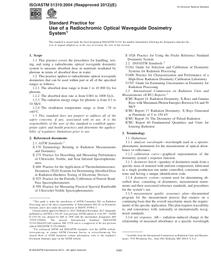 ASTM ISO/ASTM 51310-2004(2012)Standard Practice for Use of a Radiochromic Optical Waveguide Dosimetry System