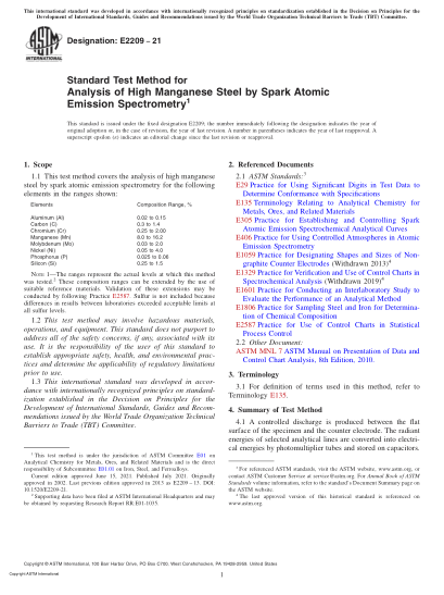 ASTM E2209-2021Standard Test Method for Analysis of High Manganese Steel by Spark Atomic Emission Spectrometry