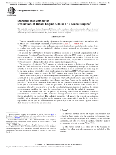 ASTM D8048-2021aStandard Test Method for Evaluation of Diesel Engine Oils in T-13 Diesel Engine