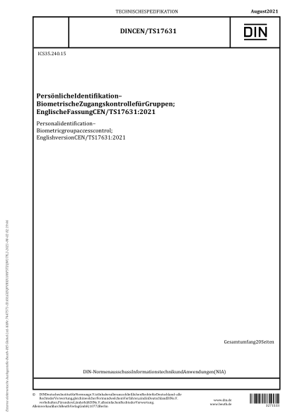 DIN CEN/TS 17631-2021Personal identification - Biometric group access control; English version CEN/TS 17631:2021