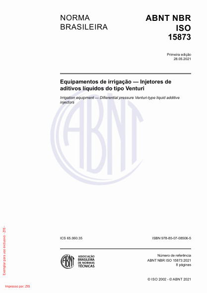 ABNT NBR ISO 15873-2021Irrigation equipment - Differential pressure Venturi-type liquid additive injectors