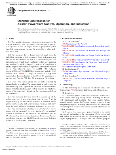 ASTM F3064/F3064M-2021Standard Specification for Aircraft Powerplant Control, Operation, and Indication