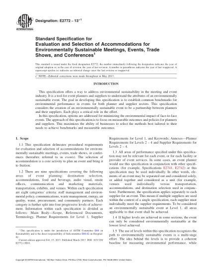 ASTM E2772-2013e1環(huán)保集會，賽事，商展和會議用居住設施的評定與選擇規(guī)范Standard Specification for Evaluation and Selection of Accommodations for Environmentally Sustainable Meetings,Events,Trade Shows,and Conferences