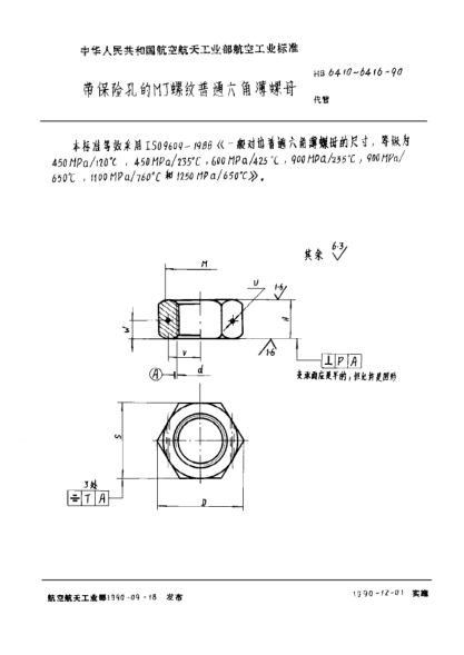 HB 6416-1990帶保險(xiǎn)孔的ＭＪ螺紋普通六角薄螺母