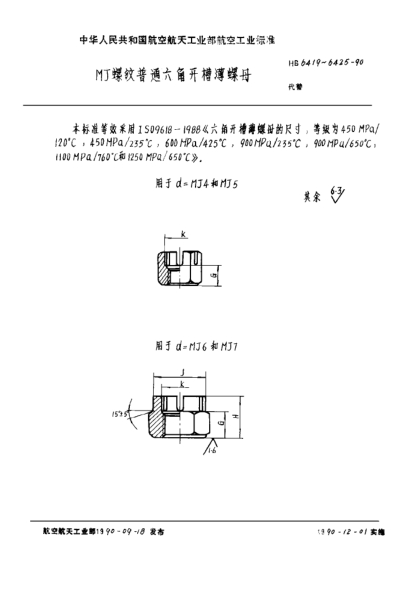 HB 6420-1990ＭＪ螺紋普通六角開槽薄螺母