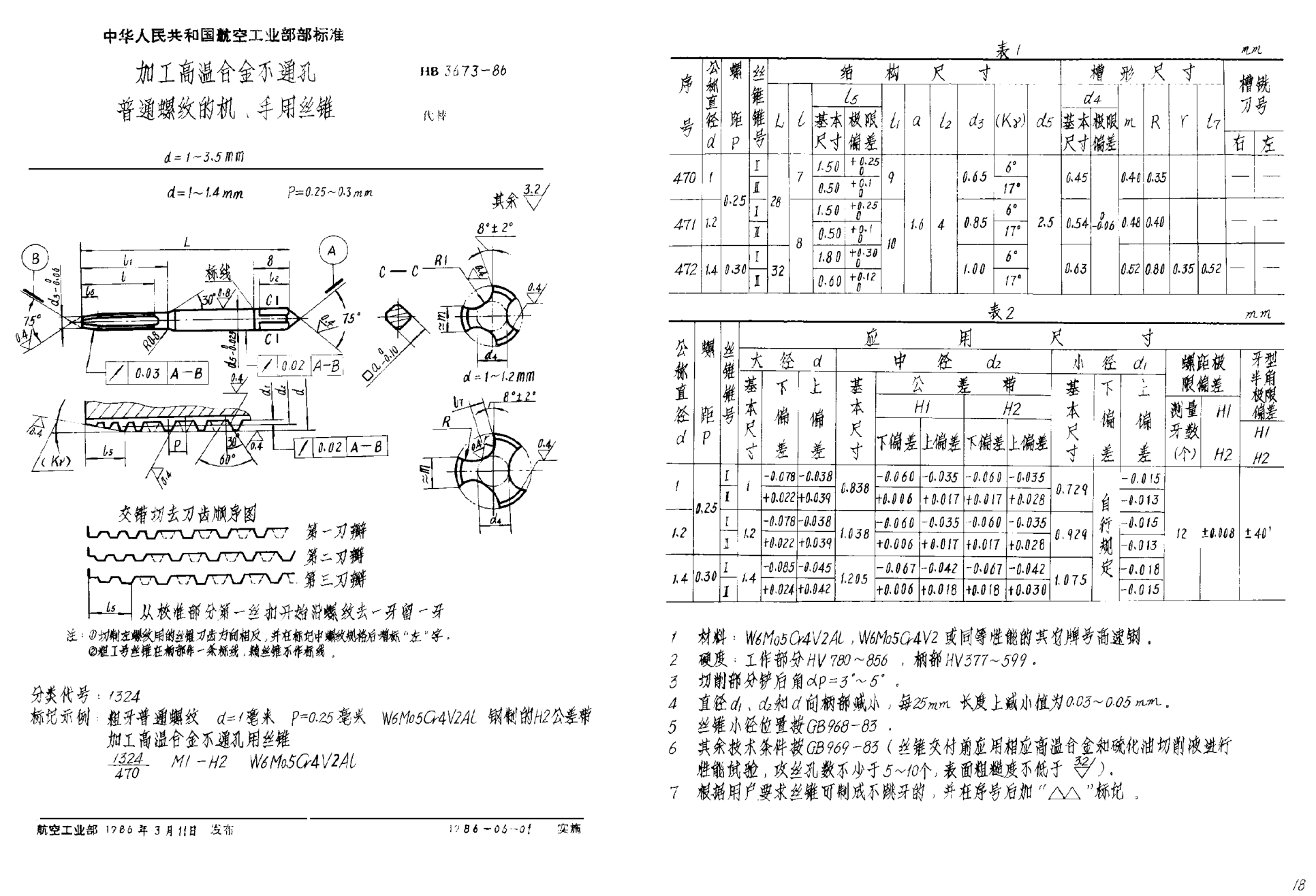 HB 3673-1986加工高溫合金不通孔普通螺紋的機、手用絲錐 d＝1~3.5mm
