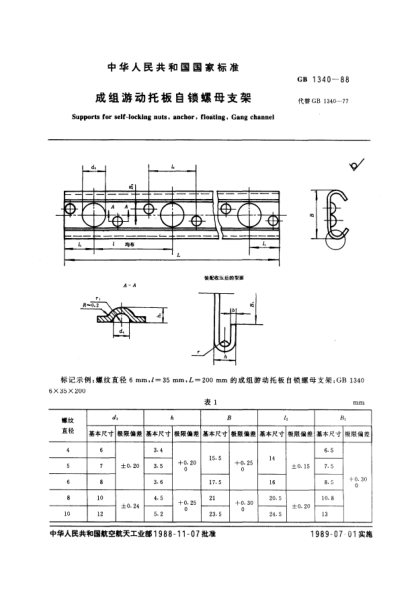 GB/T 1340-1988成組游動(dòng)托板自鎖螺母支架Supports for self-locking nuts,floating,Gang channel