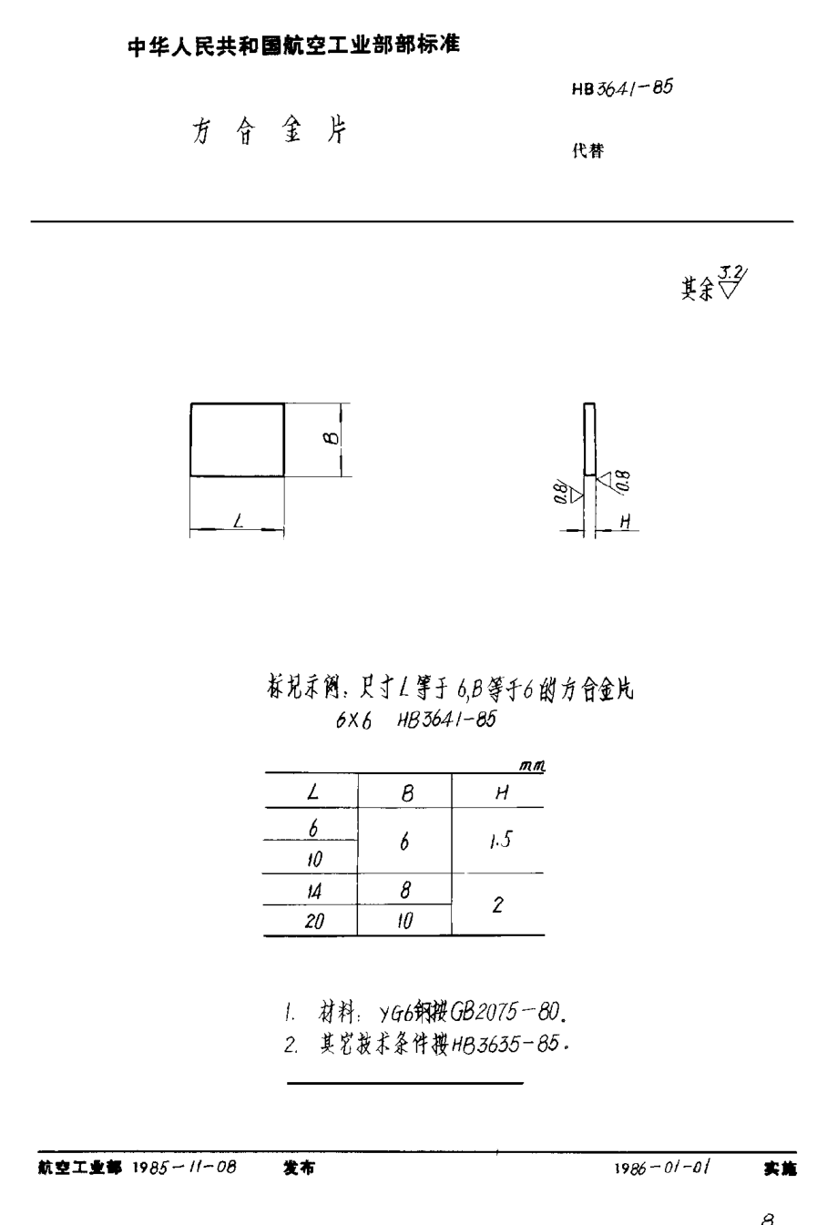 HB 3641-1985方合金片