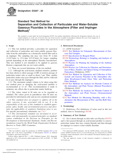 ASTM D3267-2020  Standard Test Method for Separation and Collection of Particulate and Water-Soluble Gaseous Fluorides in the Atmosphere (Filter and Impinger Method)