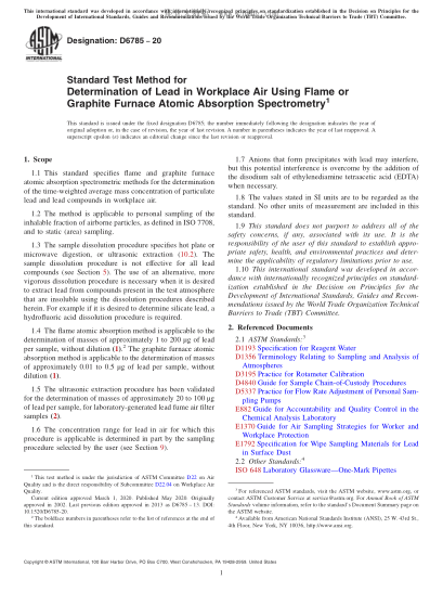 ASTM D6785-2020  Standard Test Method for Determination of Lead in Workplace Air Using Flame or Graphite Furnace Atomic Absorption Spectrometry