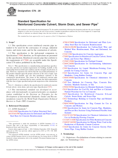 ASTM C76-2020  Standard Specification for Reinforced Concrete Culvert, Storm Drain, and Sewer Pipe