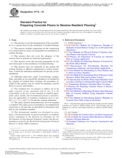 ASTM F710-2019 準(zhǔn)備混凝土地面以便安裝彈性地板的規(guī)程 Standard Practice for Preparing Concrete Floors to Receive Resilient Flooring