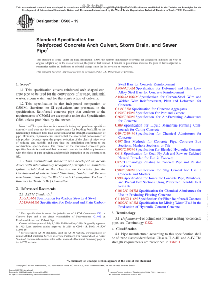 ASTM C506-2019 鋼筋混凝土拱涵、雨水管和污水管規(guī)格 Standard Specification for Reinforced Concrete Arch Culvert, Storm Drain, and Sewer Pipe