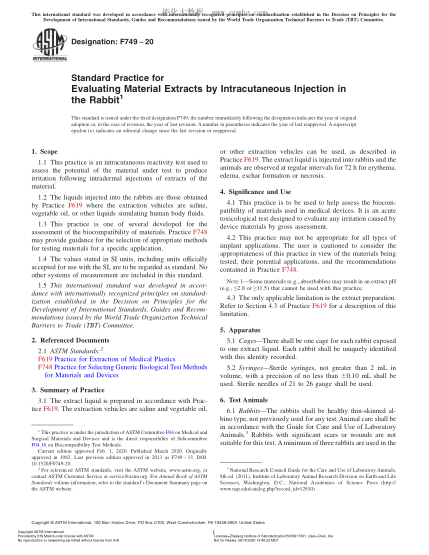 ASTM F749-2020  Standard Practice for Evaluating Material Extracts by Intracutaneous Injection in the Rabbit
