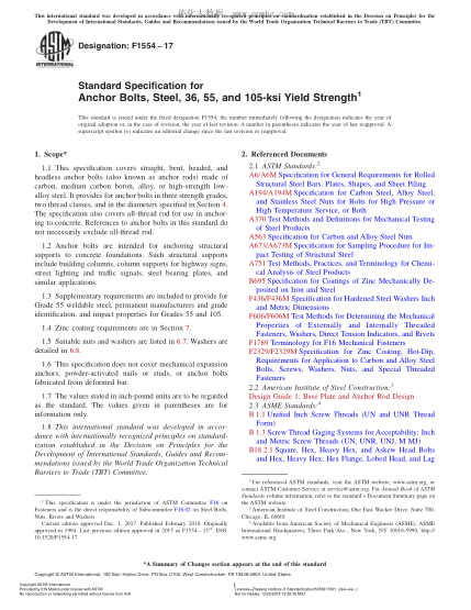 ASTM F1554-2017 屈服強(qiáng)度為36、55和105-ksi的鋼制錨固螺栓規(guī)格 Standard Specification for Anchor Bolts,Steel,36,55,and 105-ksi Yield Strength