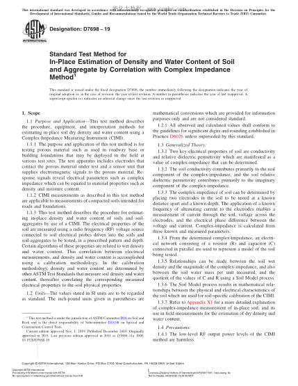 ASTM D7698-2019 通過(guò)與復(fù)阻抗法的對(duì)比現(xiàn)場(chǎng)評(píng)價(jià)土壤與集料密度及含水量的試驗(yàn)方法 Standard Test Method for In-Place Estimation of Density and Water Content of Soil and Aggregate by Correlation with Complex Impedance Method