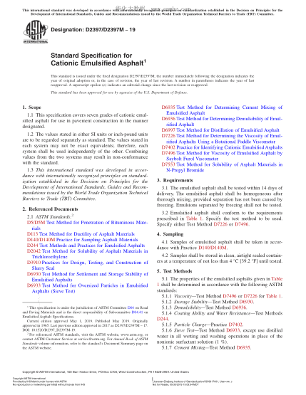 ASTM D2397/D2397M-2019 陽離子乳化瀝青規(guī)格 Standard Specification for Cationic Emulsified Asphalt