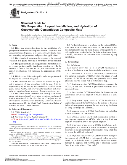 ASTM D8173-2018 土工合成膠結(jié)復(fù)合墊現(xiàn)場(chǎng)制備、布置、安裝及水合指南 Standard Guide for Site Preparation,Layout,Installation,and Hydration of Geosynthetic Cementitious Composite Mats