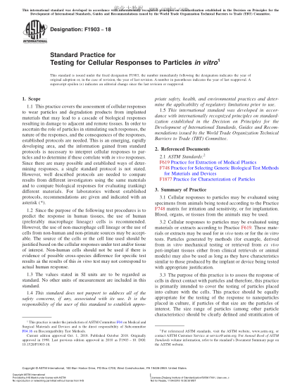 ASTM F1903-2018  Standard Practice for Testing for Cellular Responses to Particles in vitro