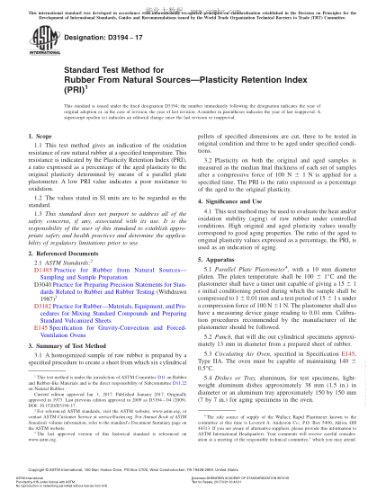 ASTM D3194-2017 天然橡膠塑性保持指數(shù)(PRI)測試方法 Standard Test Method for  Rubber From Natural Sources—Plasticity Retention Index  (PRI)