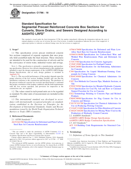 ASTM C1786-2018 按照AASHTO LRFD設(shè)計(jì)的陰溝、雨水渠和下水道用分段預(yù)制鋼筋混凝土箱形構(gòu)件的規(guī)格 Standard Specification for Segmental Precast Reinforced Concrete Box Sections for Culverts,Storm Drains,and Sewers Designed According to AASHTO LRFD
