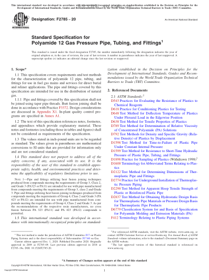 ASTM F2785-2020  Standard Specification for Polyamide 12 Gas Pressure Pipe, Tubing, and Fittings