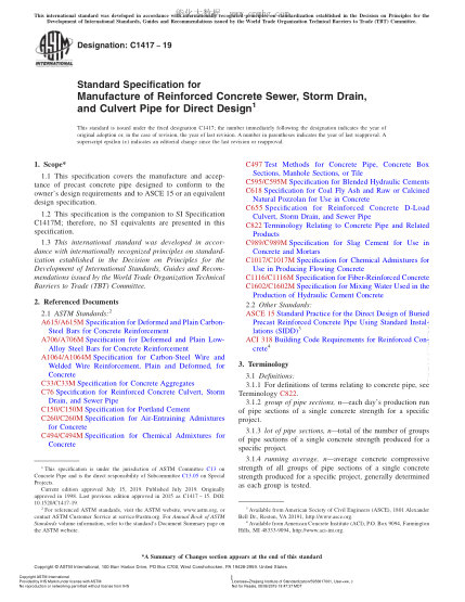 ASTM C1417-2019 直接設(shè)計(jì)的鋼筋混凝土污水管、雨水管和涵管的制造規(guī)格 Standard Specification for Manufacture of Reinforced Concrete Sewer, Storm Drain, and Culvert Pipe for Direct Design