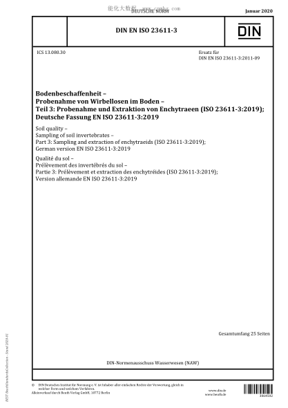 DIN EN ISO 23611-3-2020  Soil quality – Sampling of soil invertebrates – Part 3: Sampling and extraction of enchytraeids