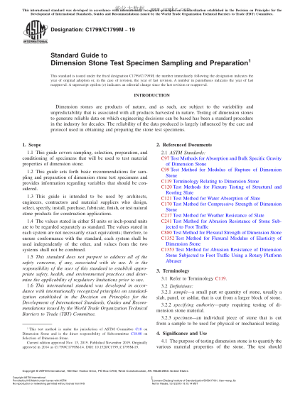ASTM C1799/C1799M-2019  Standard Guide to Dimension Stone Test Specimen Sampling and Preparation