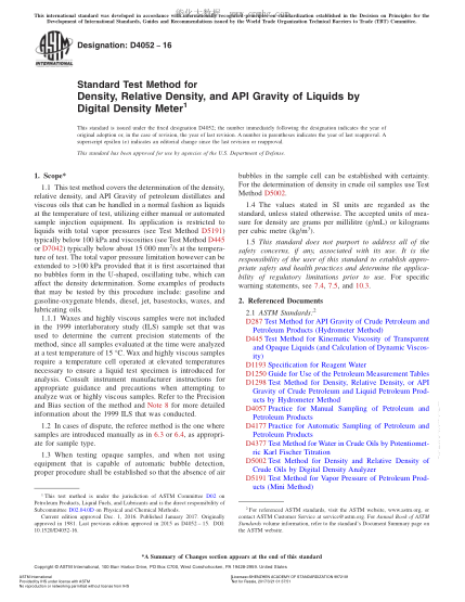 ASTM D4052-2016 用數(shù)字式密度計測定液體密度、相對密度和API重力的試驗方法 Standard Test Method for Density,Relative Density,and API Gravity of Liquids by Digital Density Meter