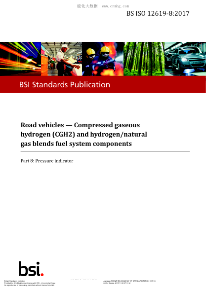 BS ISO 12619-8-2017   Road Vehicles. Compressed Gaseous Hydrogen (Cgh2) And Hydrogen/Natural Gas Blends Fuel System Components. Pressure Indicator