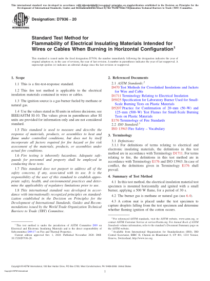 ASTM D7936-2020  Standard Test Method for Flammability of Electrical Insulating Materials Intended for Wires or Cables When Burning in Horizontal Configuration