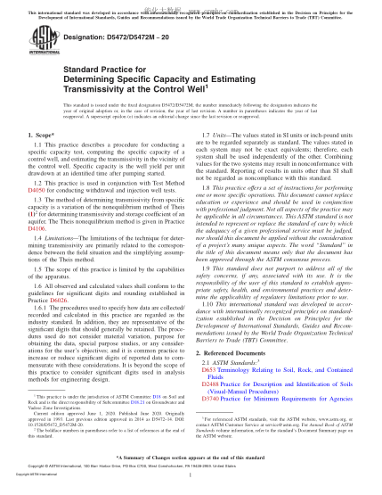 ASTM D5472/D5472M-2020  Standard Practice for Determining Specific Capacity and Estimating Transmissivity at the Control Well