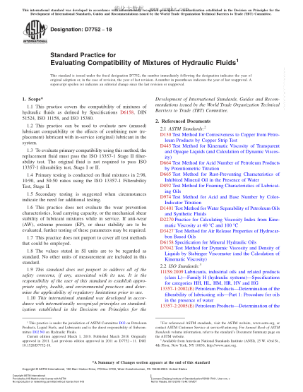 ASTM D7752-2018 液壓液混合物相容性評定規(guī)程 Standard Practice for Evaluating Compatibility of Mixtures of Hydraulic Fluids