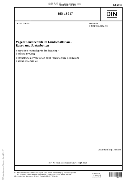 DIN 18917-2018  Vegetation technology in landscaping - Turf and seeding