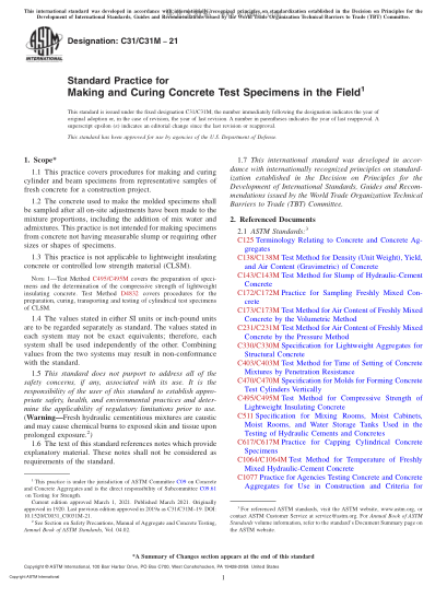 ASTM C31/C31M-2021  Standard Practice for Making and Curing Concrete Test Specimens in the Field