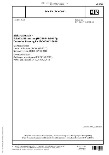 DIN EN IEC 60942-2018  Electroacoustics - Sound calibrators (IEC 60942:2017); German version EN IEC 60942:2018