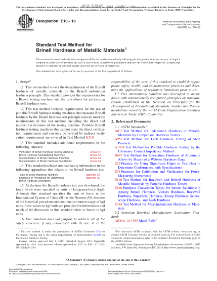 ASTM E10-2018  Standard Test Method for Brinell Hardness of Metallic Materials