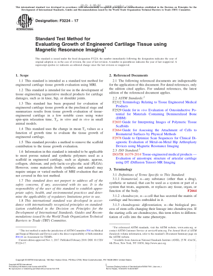 ASTM F3224-2017 用磁共振成象評定組織工程軟骨生長性的試驗(yàn)方法 Standard Test Method for Evaluating Growth of Engineered Cartilage Tissue using Magnetic Resonance Imaging