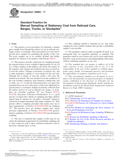 ASTM D6883-2017 從鐵路車輛、駁船、卡車或儲料堆對靜態(tài)煤進行手工取樣的規(guī)程 Standard Practice for Manual Sampling of Stationary Coal from Railroad Cars,Barges,Trucks,or Stockpiles
