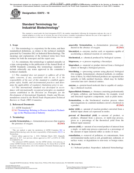 ASTM E3072-2018 工業(yè)生物技術(shù)術(shù)語(yǔ) Standard Terminology for Industrial Biotechnology
