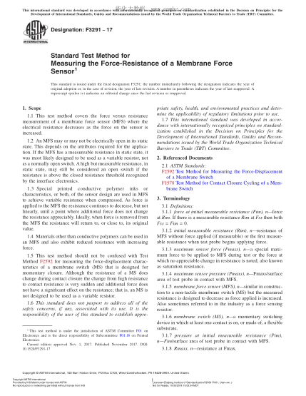 ASTM F3291-2017 薄膜測力傳感器力與電阻測量方法 Standard Test Method for Measuring the Force-Resistance of a Membrane Force Sensor