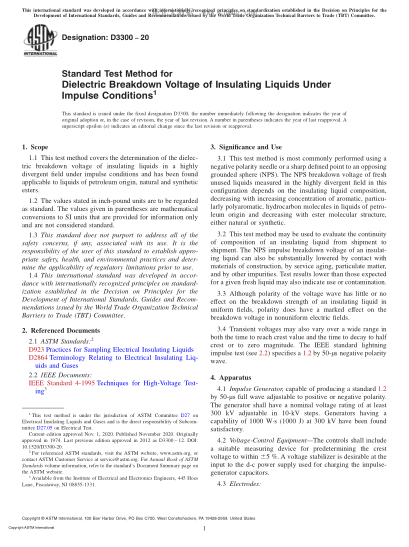 ASTM D3300-2020  Standard Test Method for Dielectric Breakdown Voltage of Insulating Liquids Under Impulse Conditions