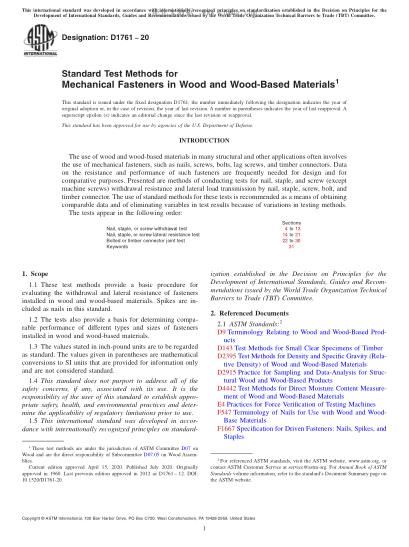 ASTM D1761-2020  Standard Test Methods for Mechanical Fasteners in Wood and Wood-Based Materials