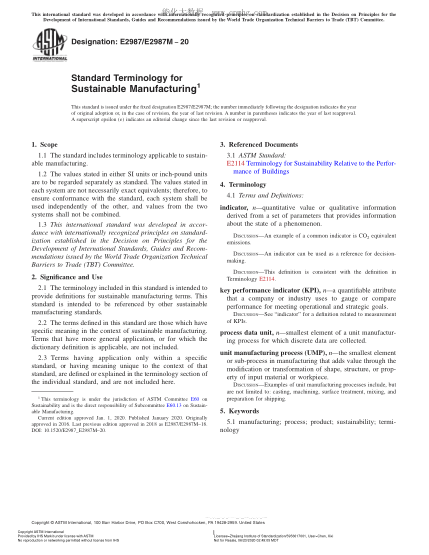 ASTM E2987/E2987M-2020  Standard Terminology for Sustainable Manufacturing