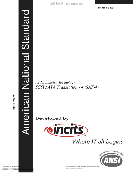 ANSI INCITS 491-2017   Information Technology - SCSI / ATA Translation - 4 (SAT-4)