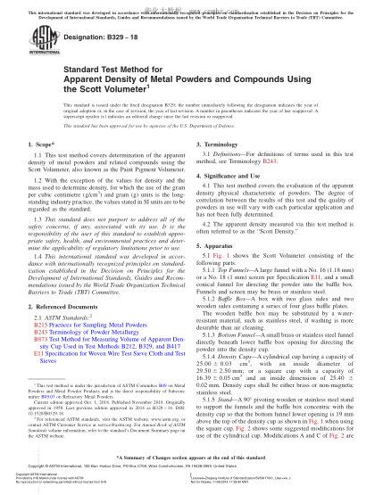 ASTM B329-2018  Standard Test Method for Apparent Density of Metal Powders and Compounds Using the Scott Volumeter