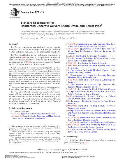 ASTM C76-2019 鋼筋混凝土涵管、暴雨排水管和污水管規(guī)格 Standard Specification for Reinforced Concrete Culvert, Storm Drain, and Sewer Pipe